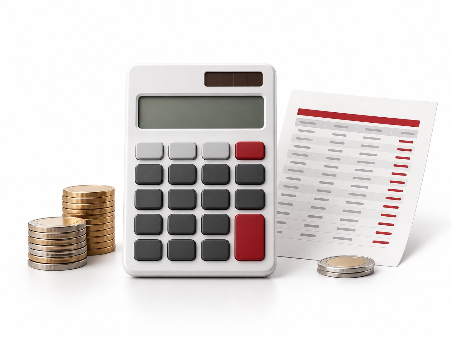 Calculadora con monedas y tabla de amortización